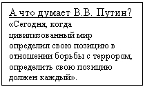 Подпись: А что думает В.В. Путин?
«Сегодня, когда цивилизован-ный мир определил свою пози-цию в отношении борьбы с тер-рором, определить свою пози-цию должен каждый».